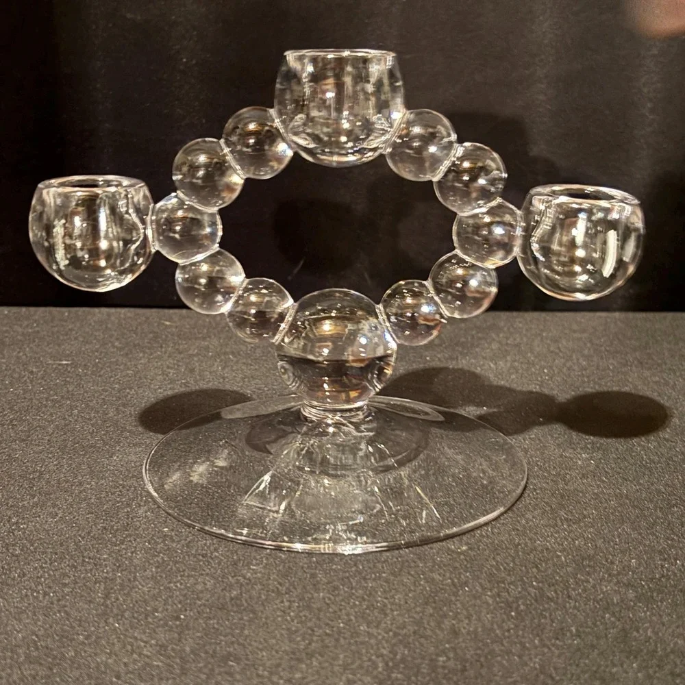 Vintage Candlewick 3‑Light Candelabra – Clear Glass Beaded Design
